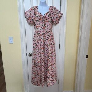 Doe and Rae Pink Floral Cotton Milkmaid Maxi Dress Sz L Babydoll Pixie Cottage
